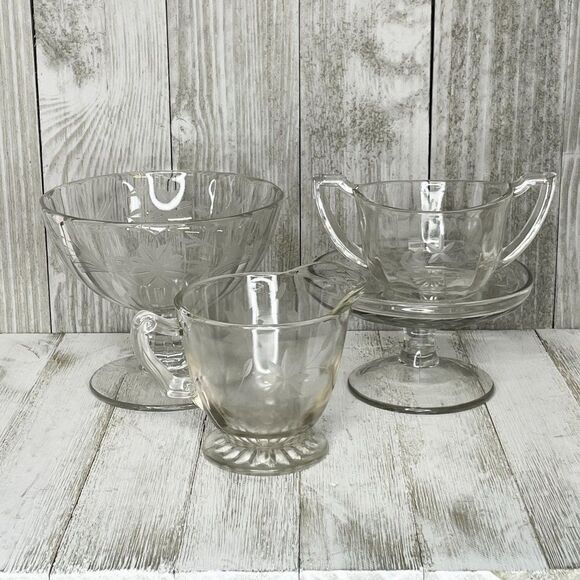 Vintage Etched Clear Depression Glass Sugar Bowl and Creamer Set 4 Pieces - Picture 1 of 5